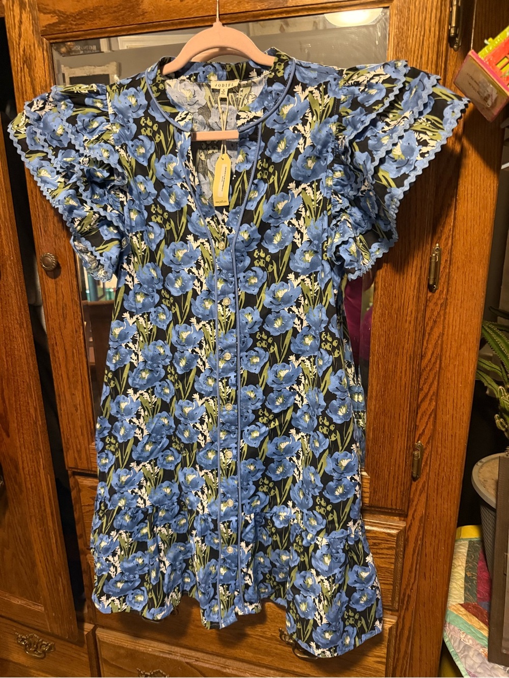 JODIFL Blue Floral Ruffle-Sleeve Casual Dress